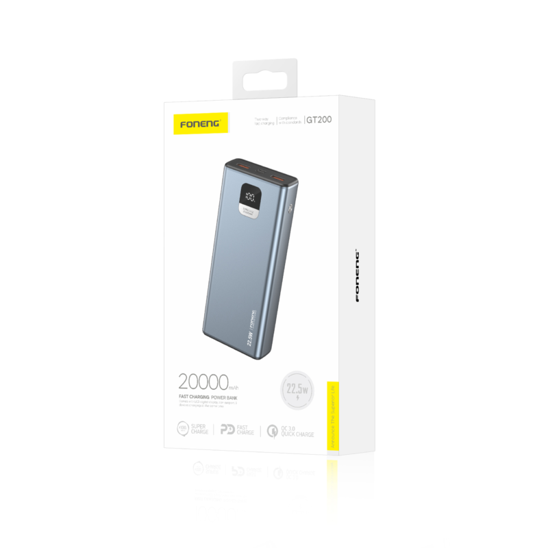Foneng GT200 20000mAh Power Bank 22.5w with 3 outputs - Metal Grey - Image 2